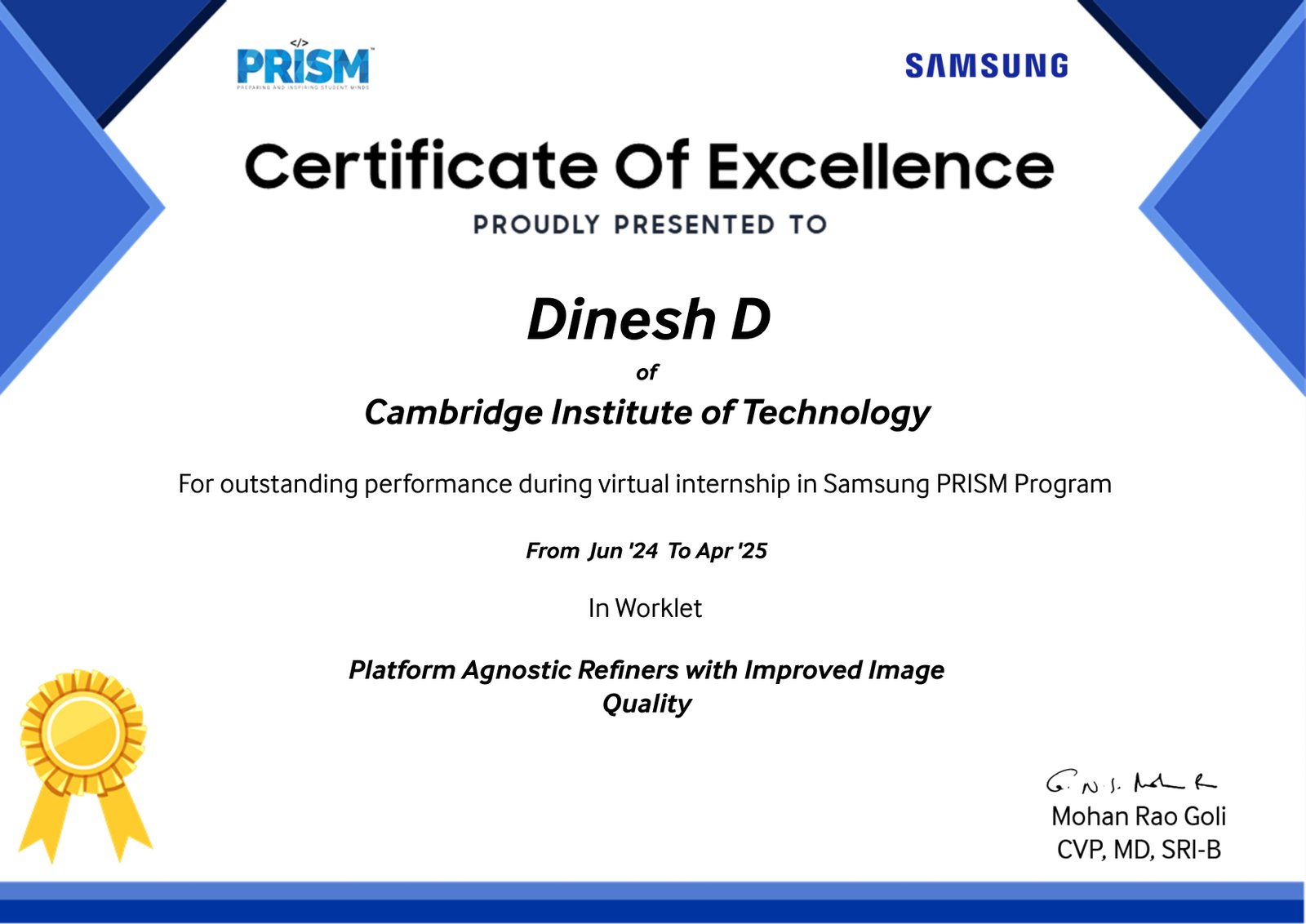 Samsung R&D Institute India certificate of excellence awarded to Dinesh Solanki