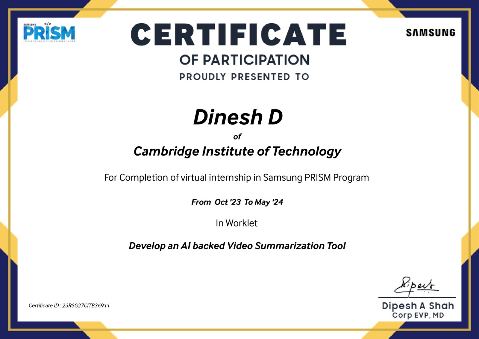 Samsung R&D certificate of participation for the AI video summarization project